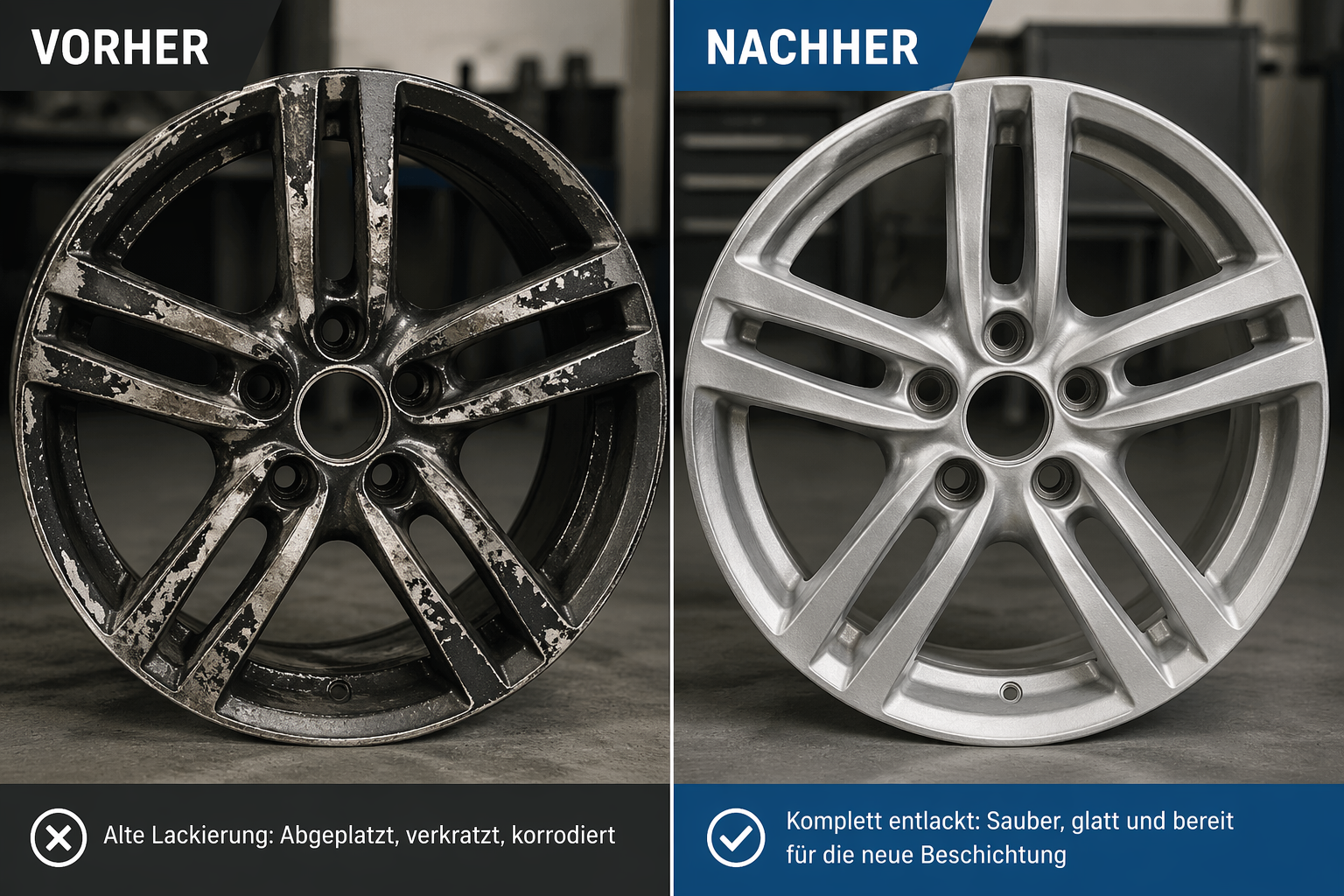 Alu-Felge vorher (abgeplatzte Altlackierung) und nachher (komplett entlackt, glatt und beschichtungsbereit)