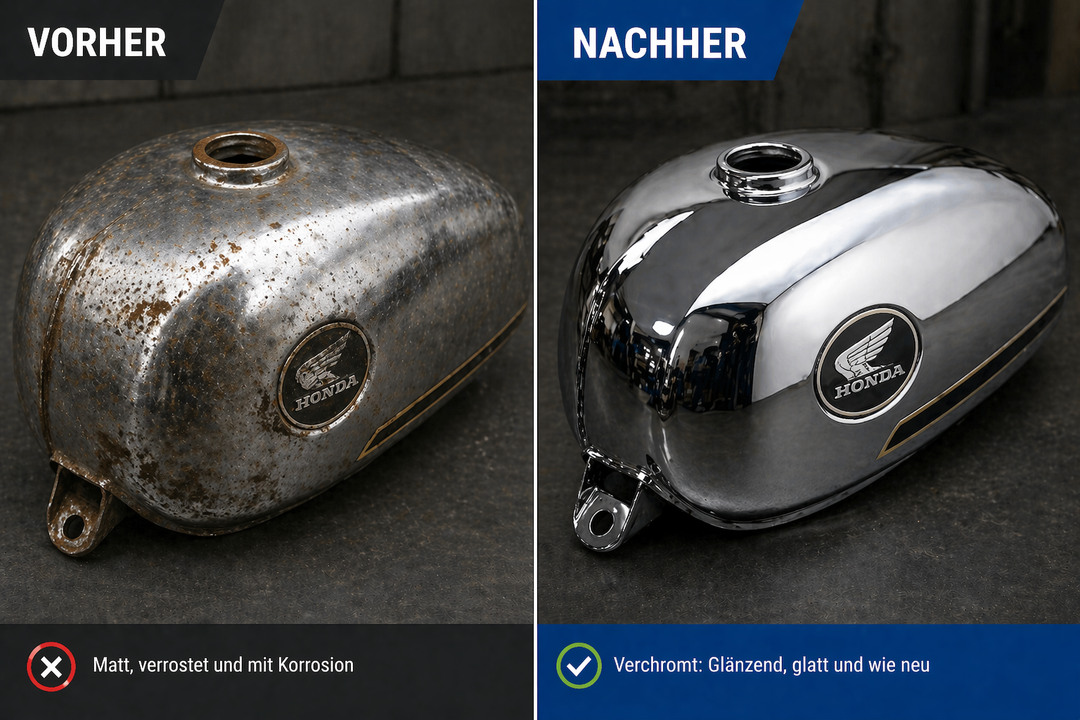 Motorradtank vorher (matt, verrostet) und nachher (Spiegelchrom-Finish durch Spray-Verchromung)